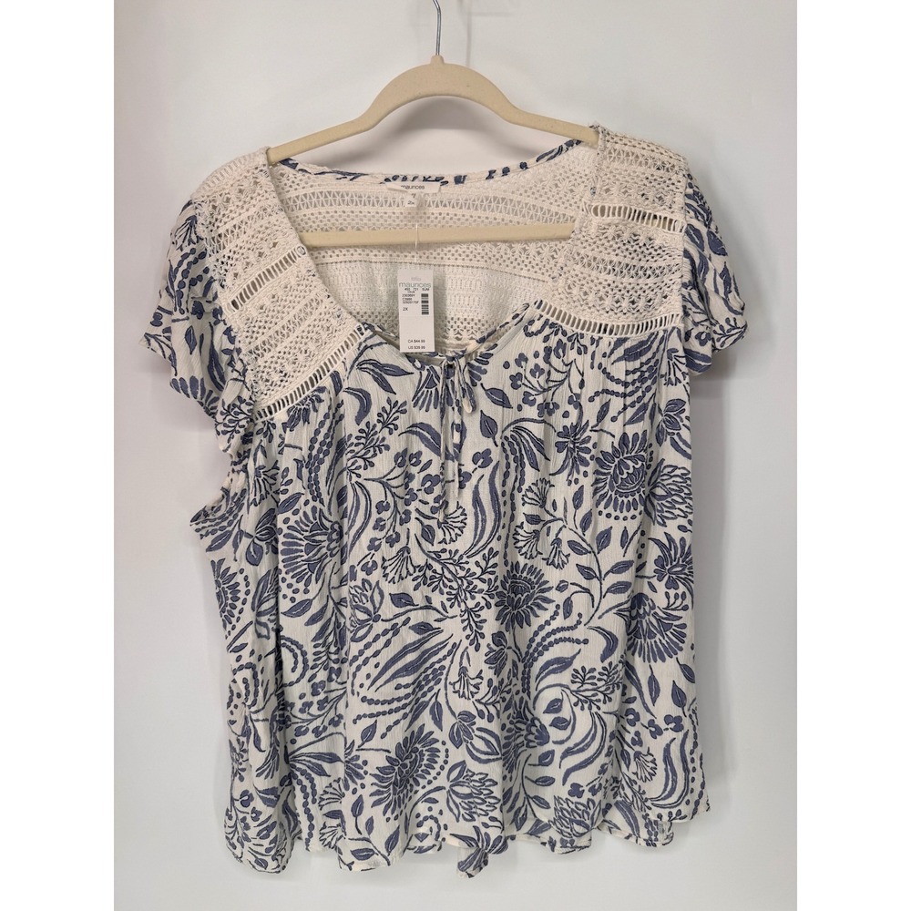 Maurices Blouse Women 2X Blue NWT Floral Crochet Lace Boho Short Sleeve Top